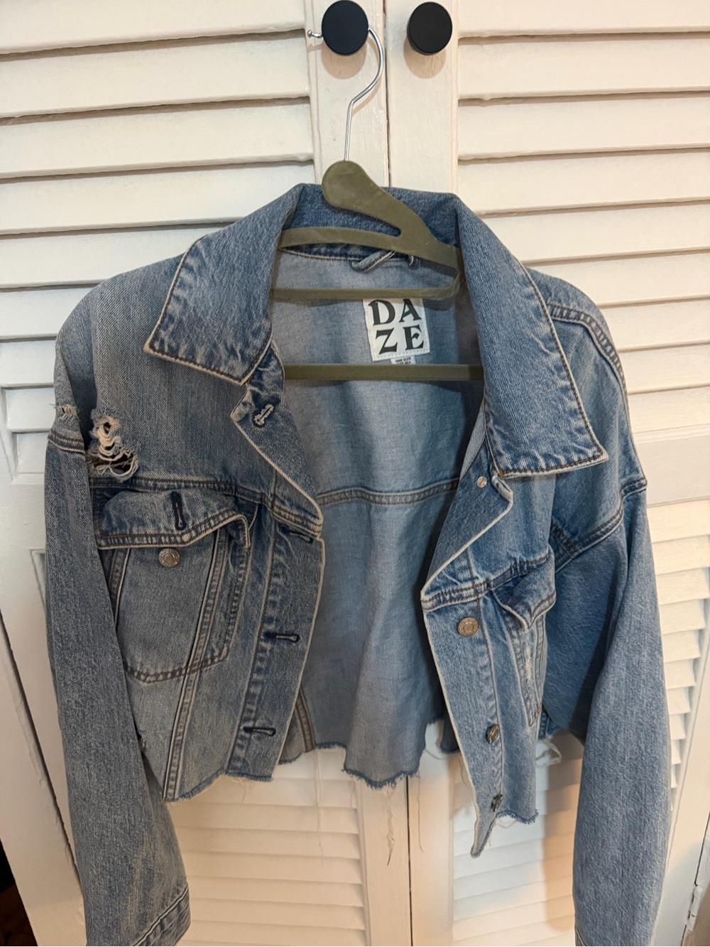 DAZE Cropped Distressed Light Blue Denim Jacket